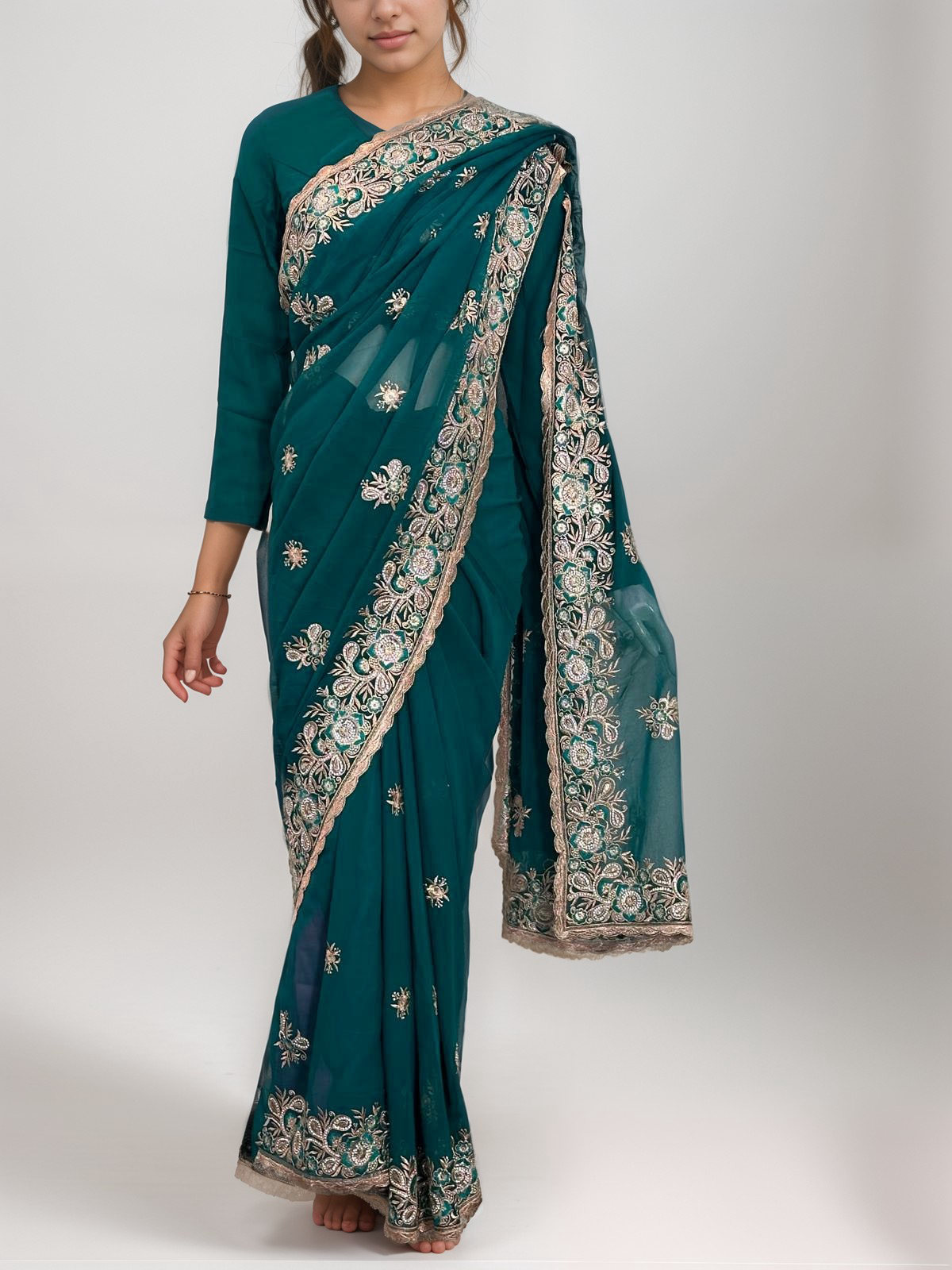 Jade Green Embroidered Saree