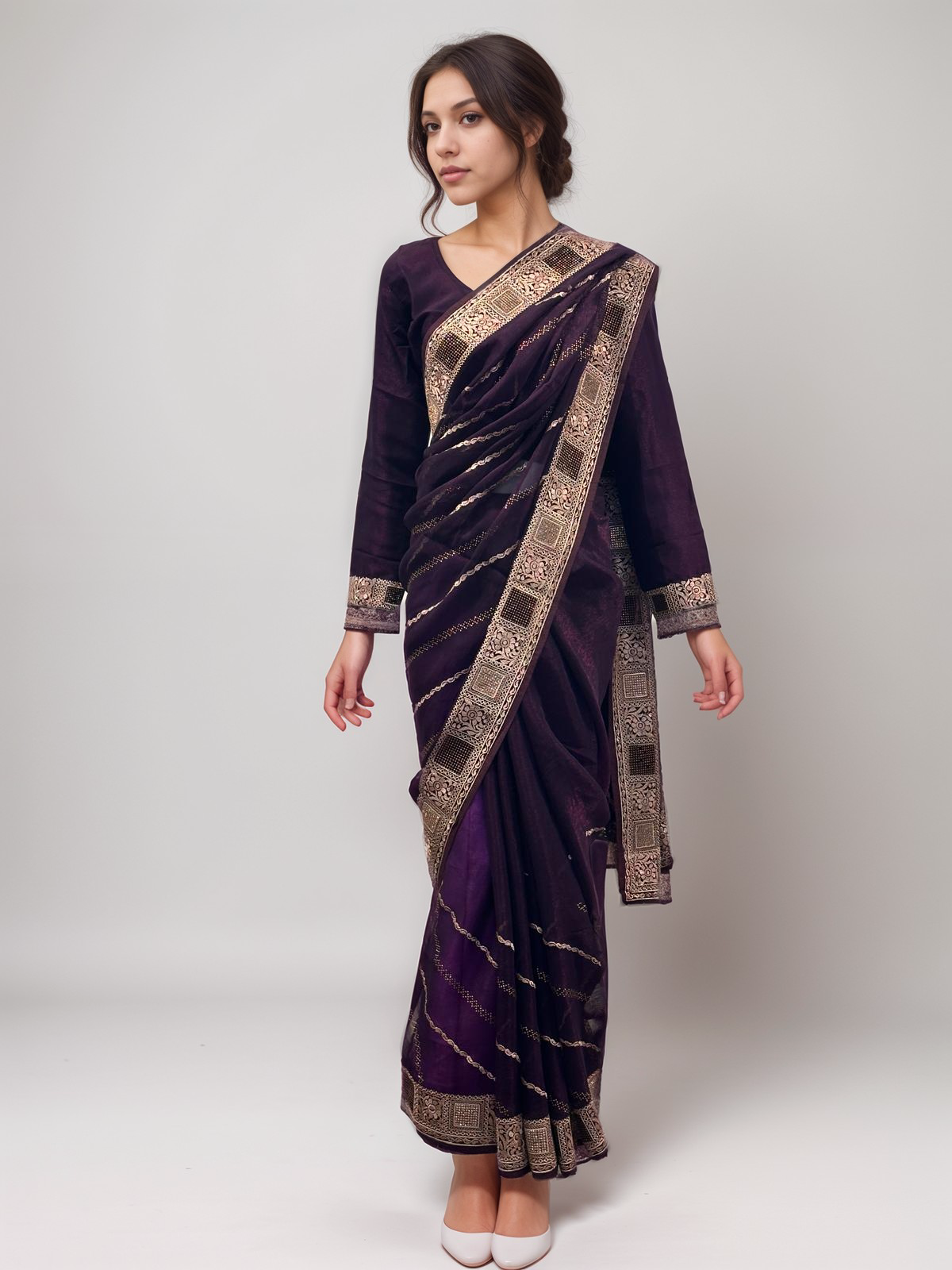 Purple Embroidered Shimmer Saree