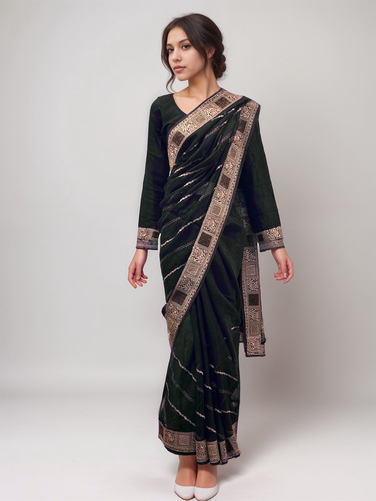 Military Green Embroidered Shimmer Saree