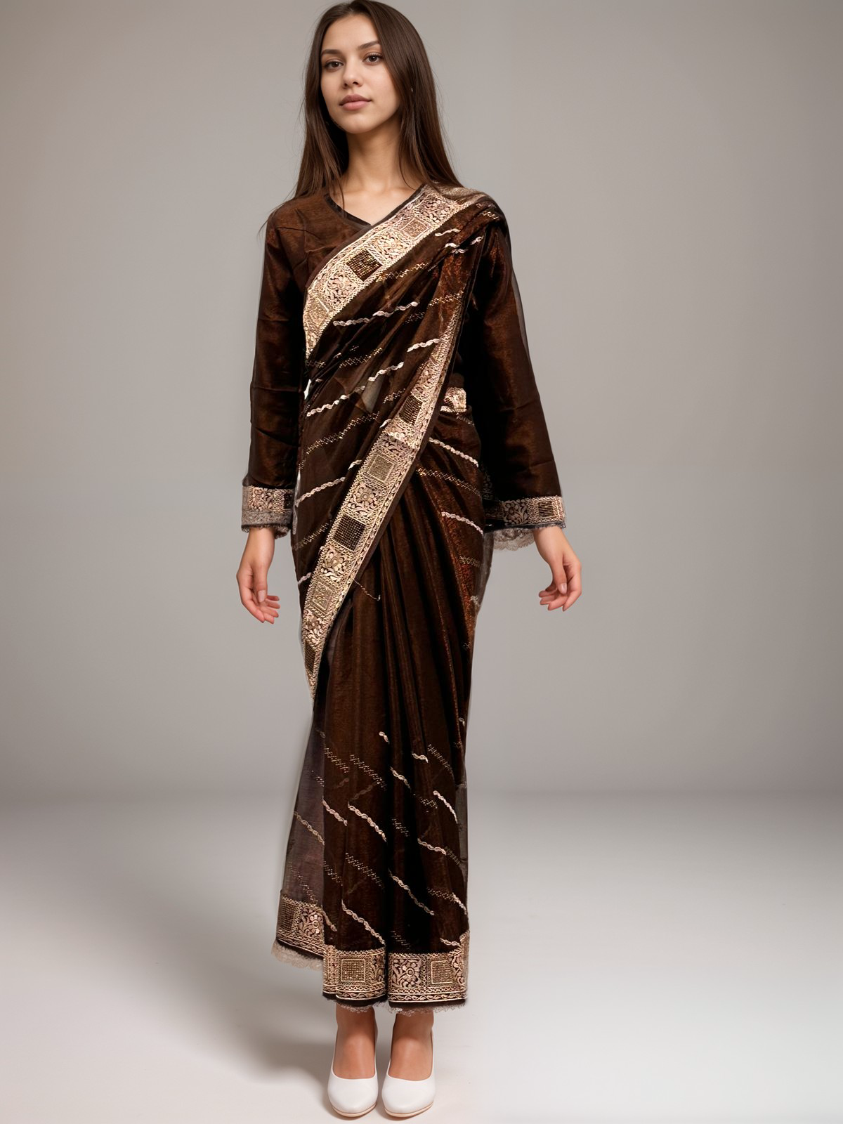 Brown Embroidered Shimmer Saree