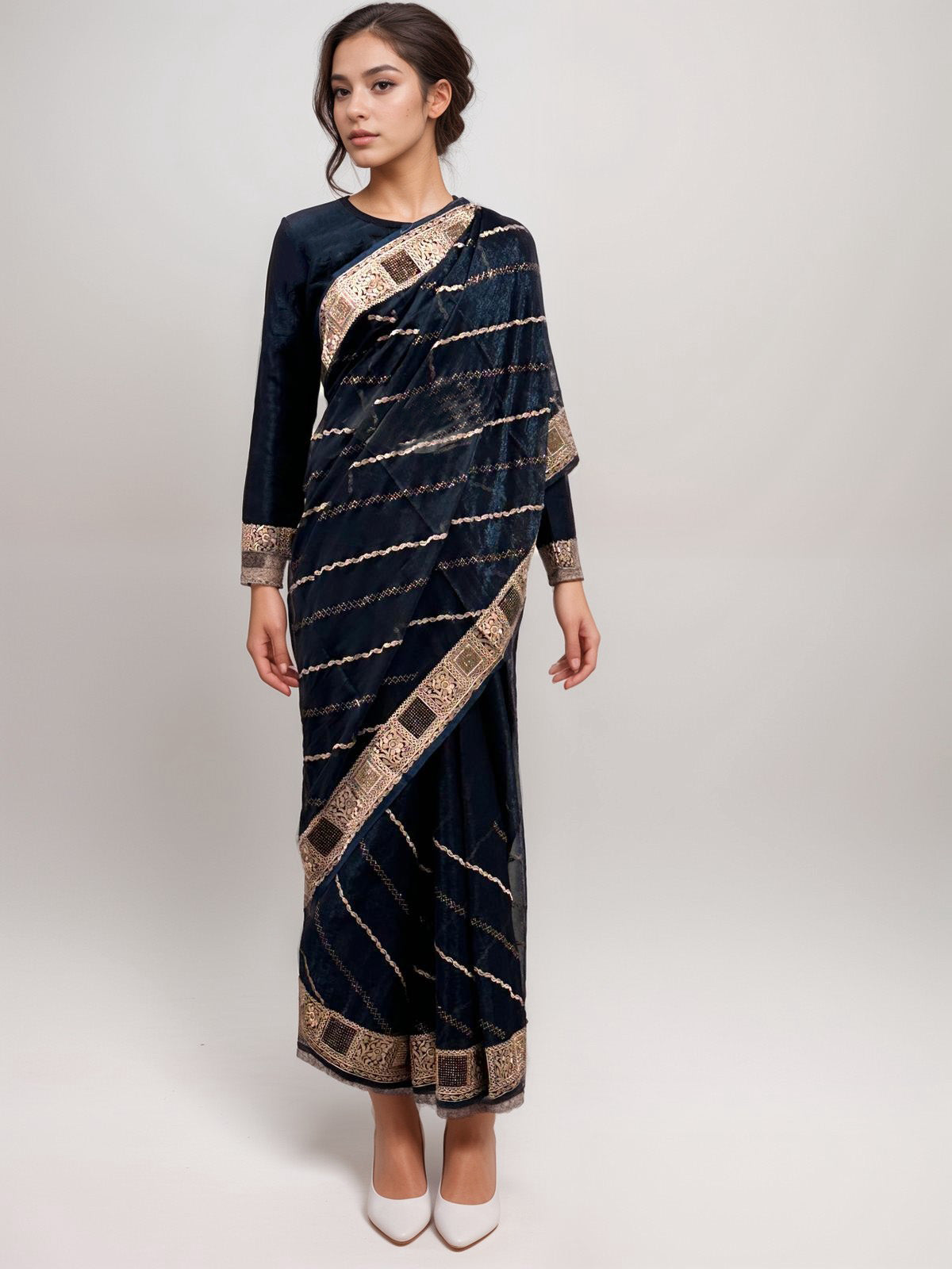 Blue Embroidered Shimmer Saree