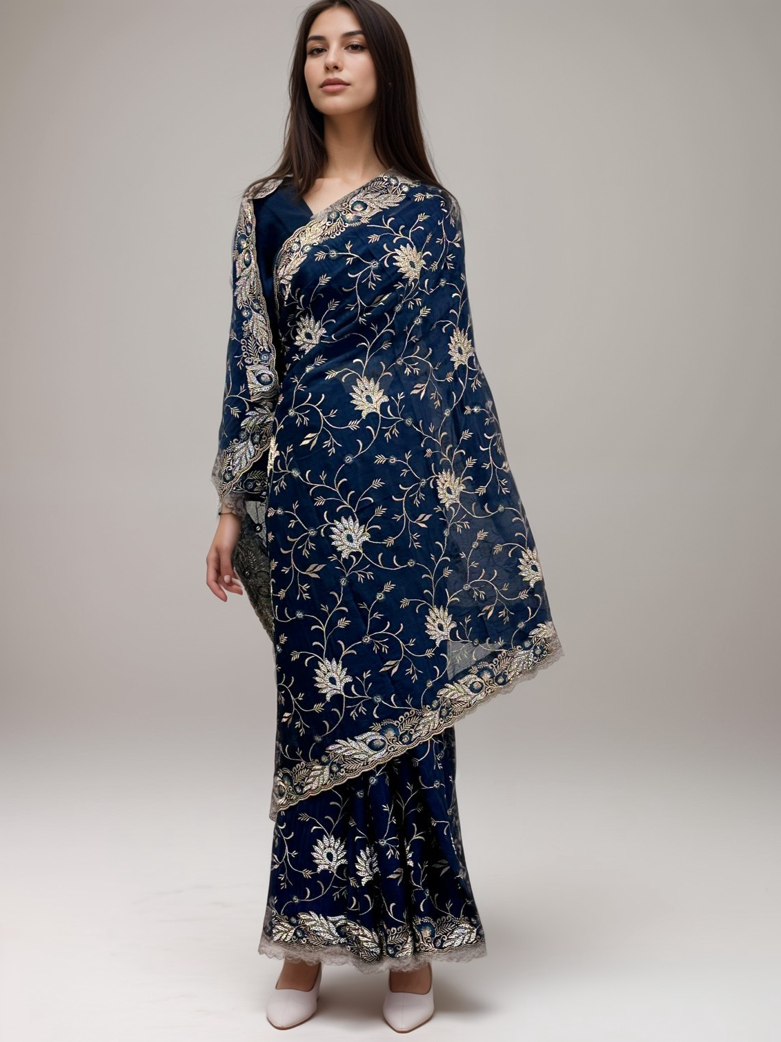 Blue Full Embroidery Chiffon Saree