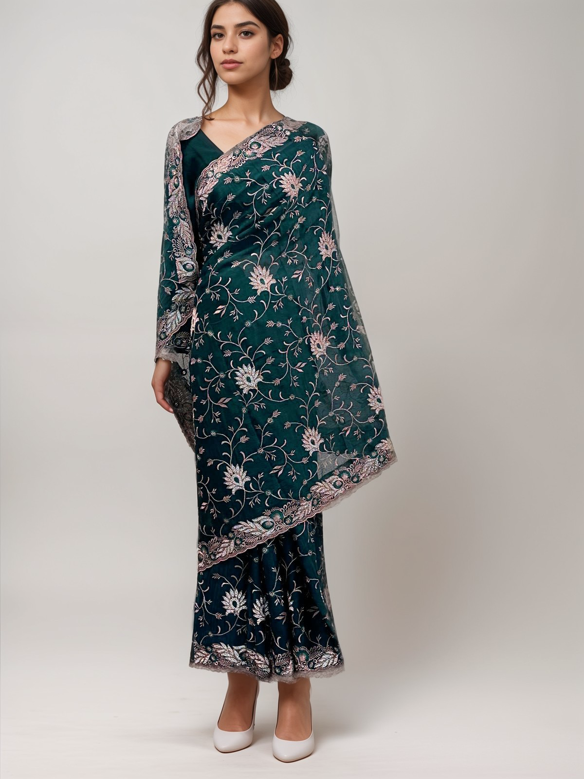 Jade Full Embroidery Chiffon Saree