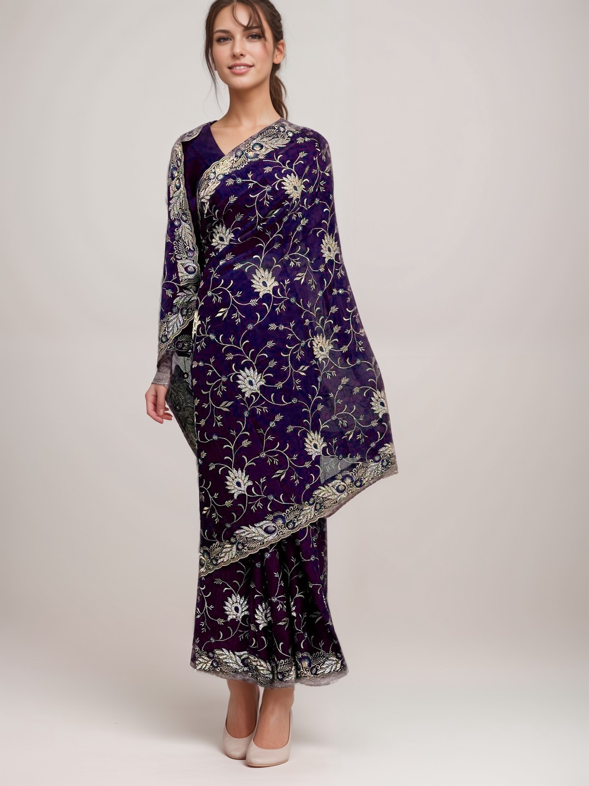 Purple Full Embroidery Chiffon Saree
