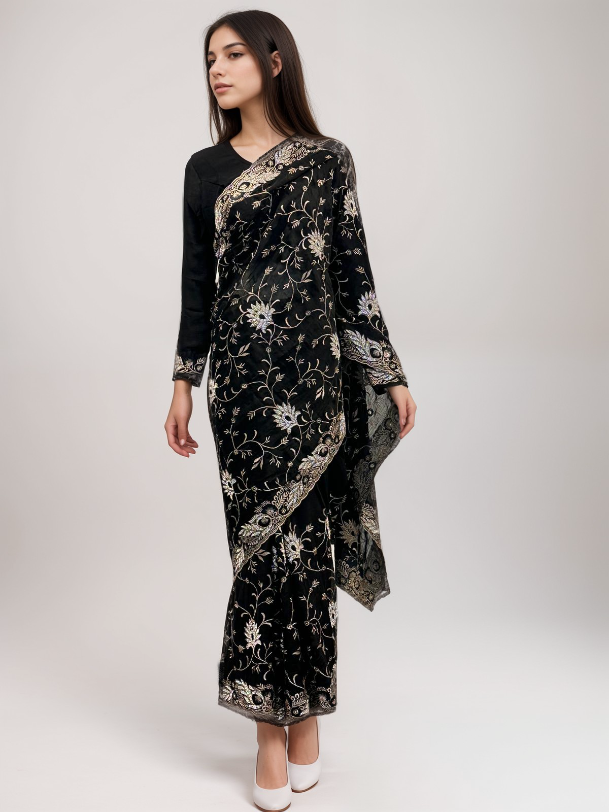 Black Full Embroidery Chiffon Saree