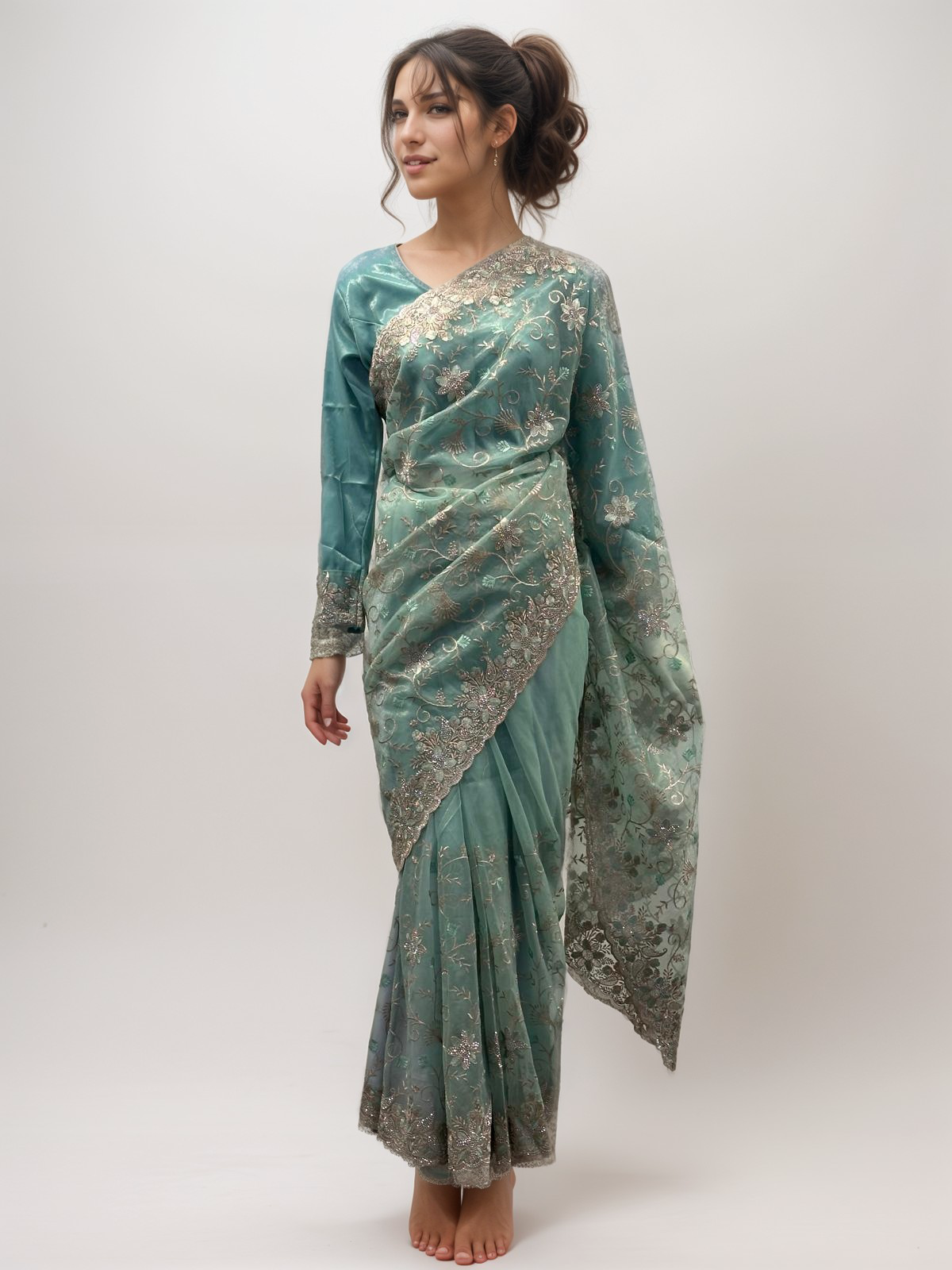 Mint Full Embroidered Net Organza Saree