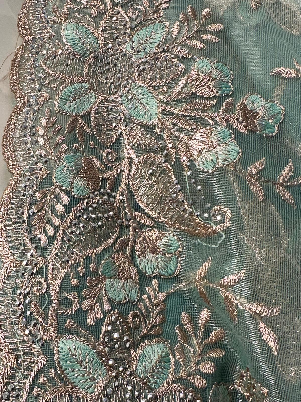Mint Full Embroidered Net Organza Saree