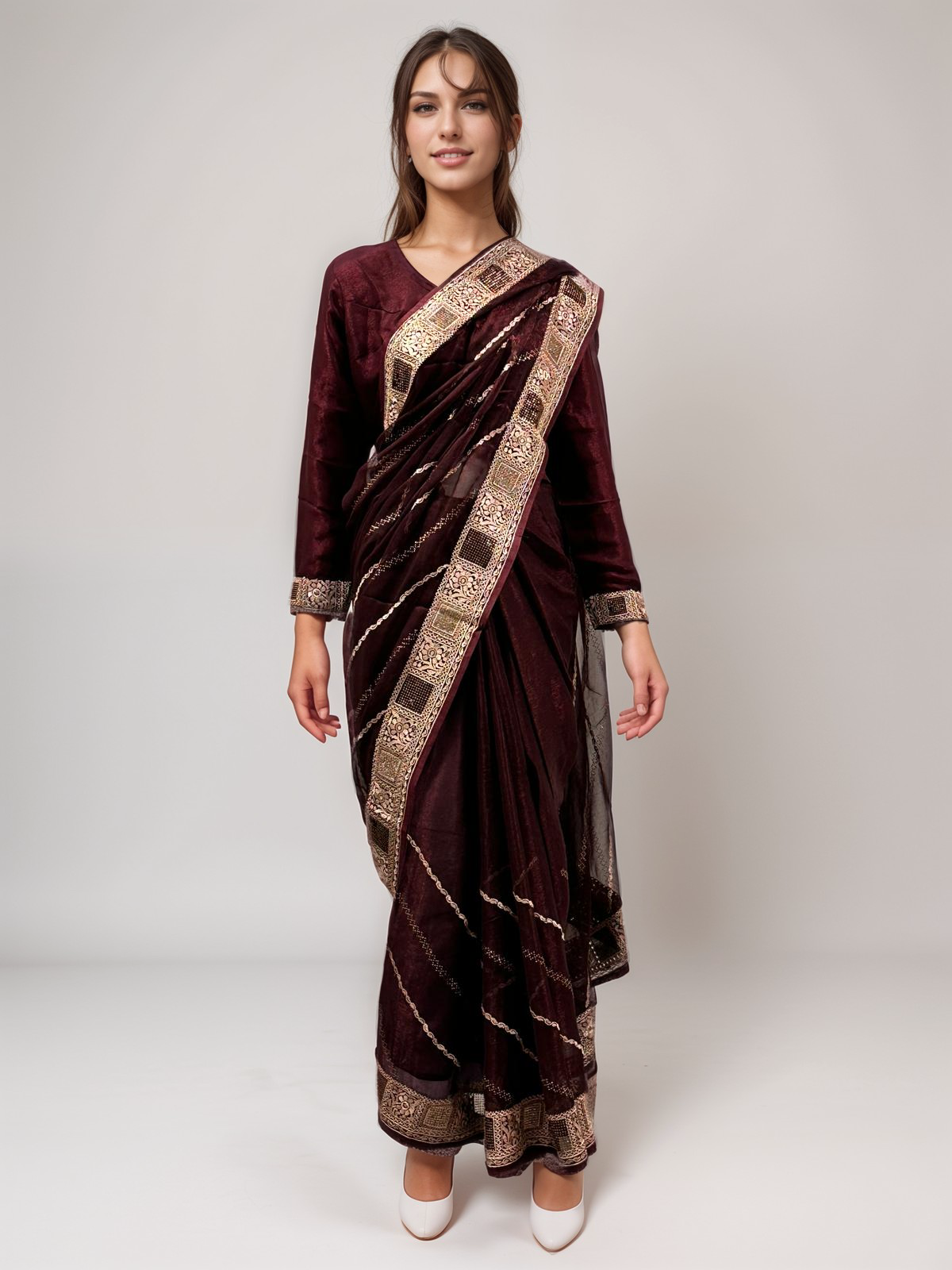 Maroon Embroidered Shimmer Saree