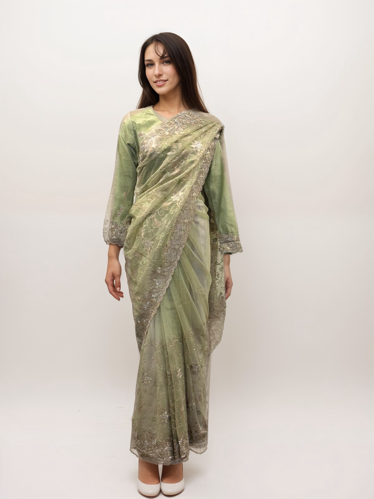 Light Mendhi Full Embroidered Net Organza Saree