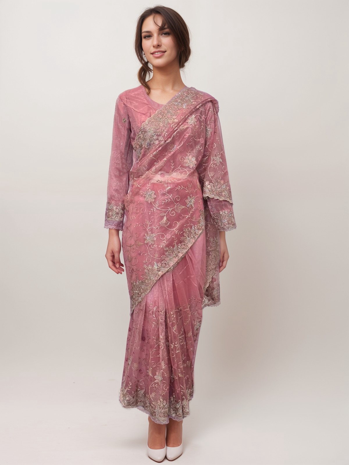 Rose Full Embroidered Net Organza Saree