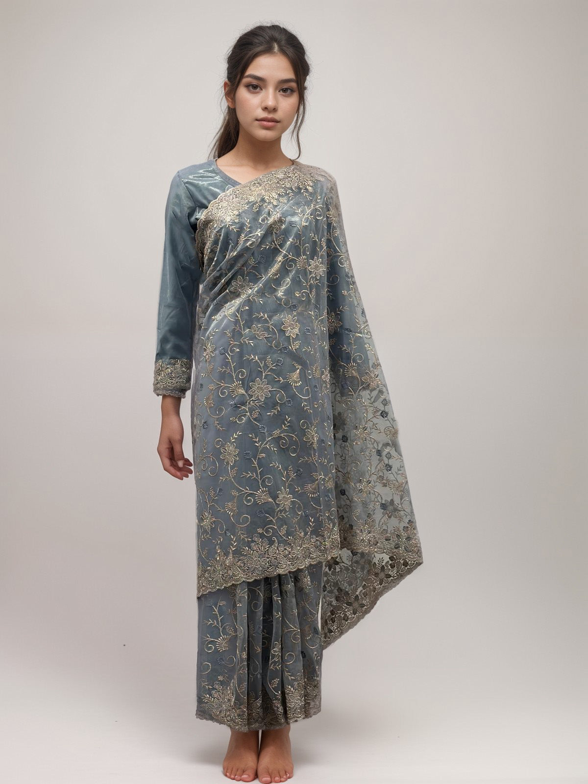 Sky Blue Full Embroidered Net Organza Saree