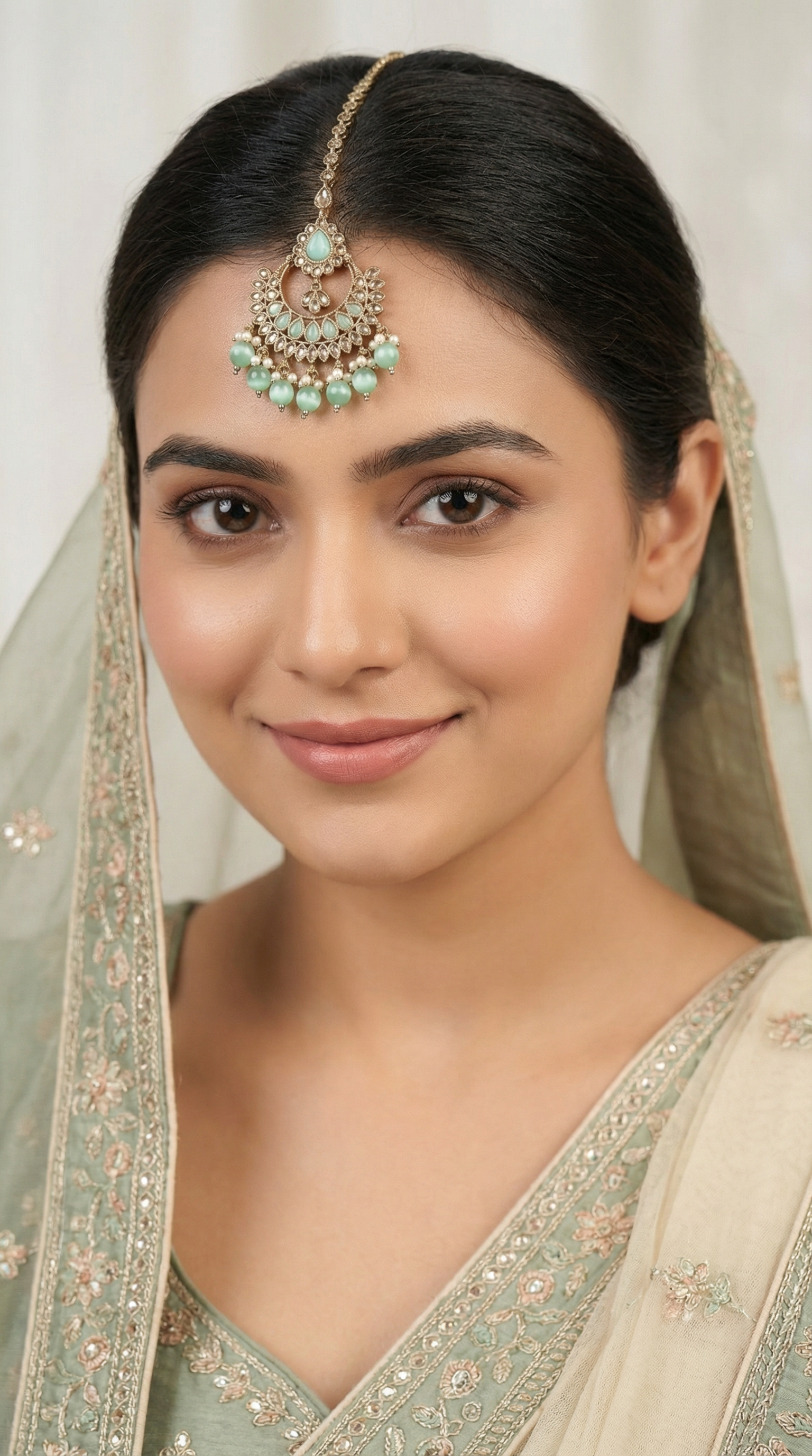 Pale Teal Diamonte Tikka with Beads and Pearls