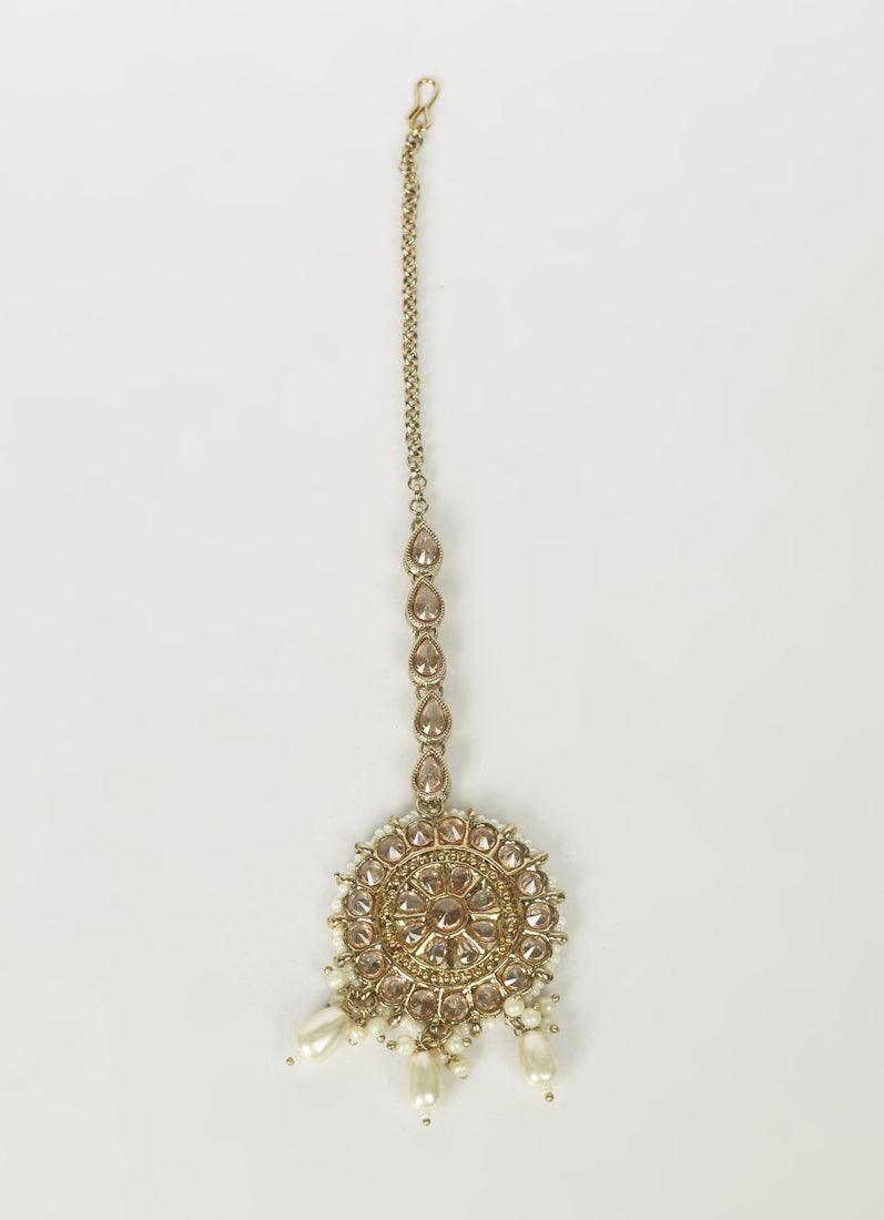 Antique Gold Plated Reverse AD Tikka with gold Diamonte
