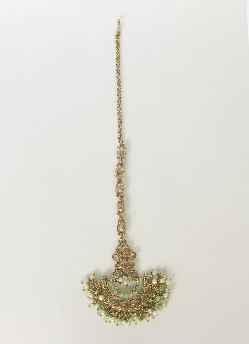 Mint Green Gold Plated Pearl & Reverse AD Bridal Tikka