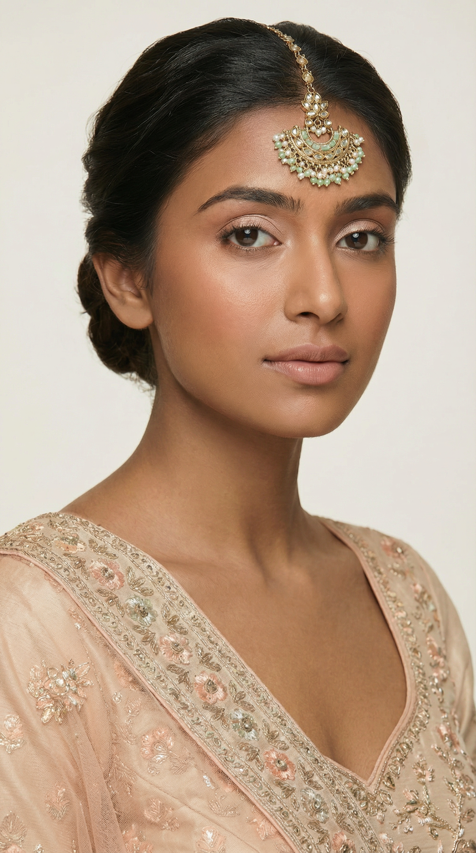 Mint Green Gold Plated Pearl & Reverse AD Bridal Tikka