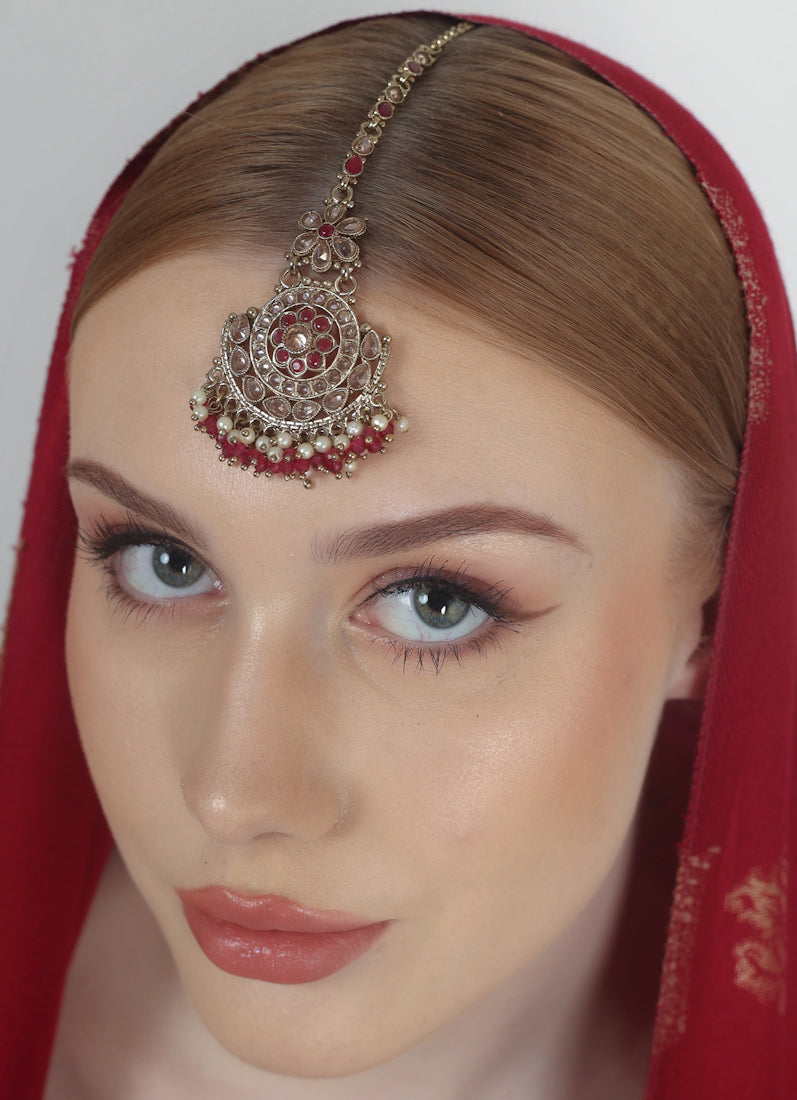 Gold Plated Bridal Tikka with Pearl, Crystal & LCT Stone Work