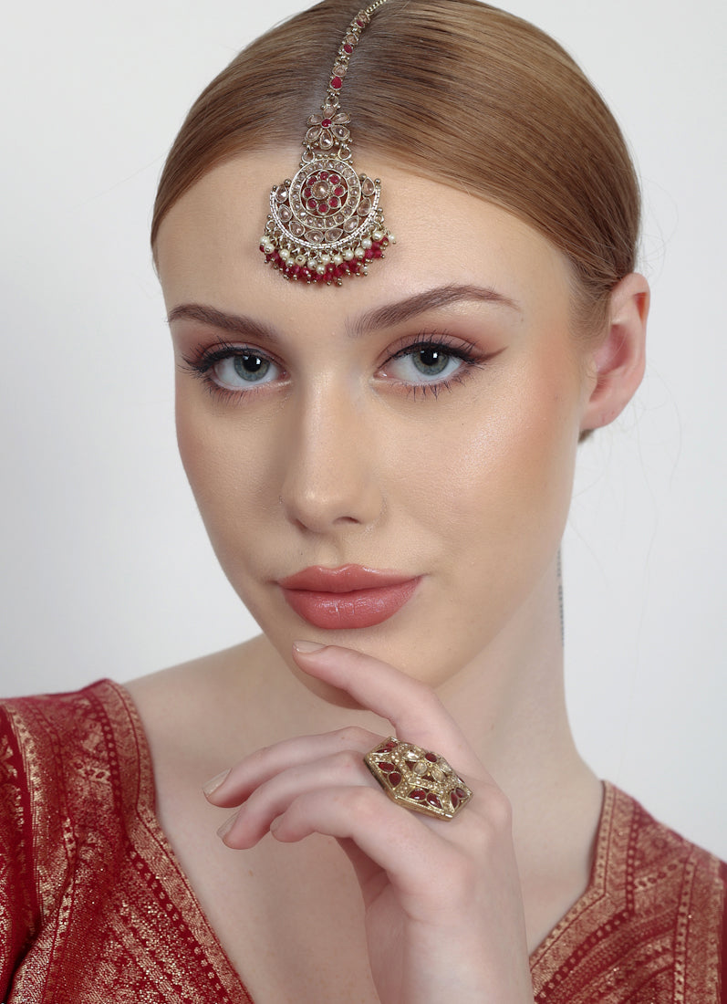 Gold Plated Bridal Tikka with Pearl, Crystal & LCT Stone Work