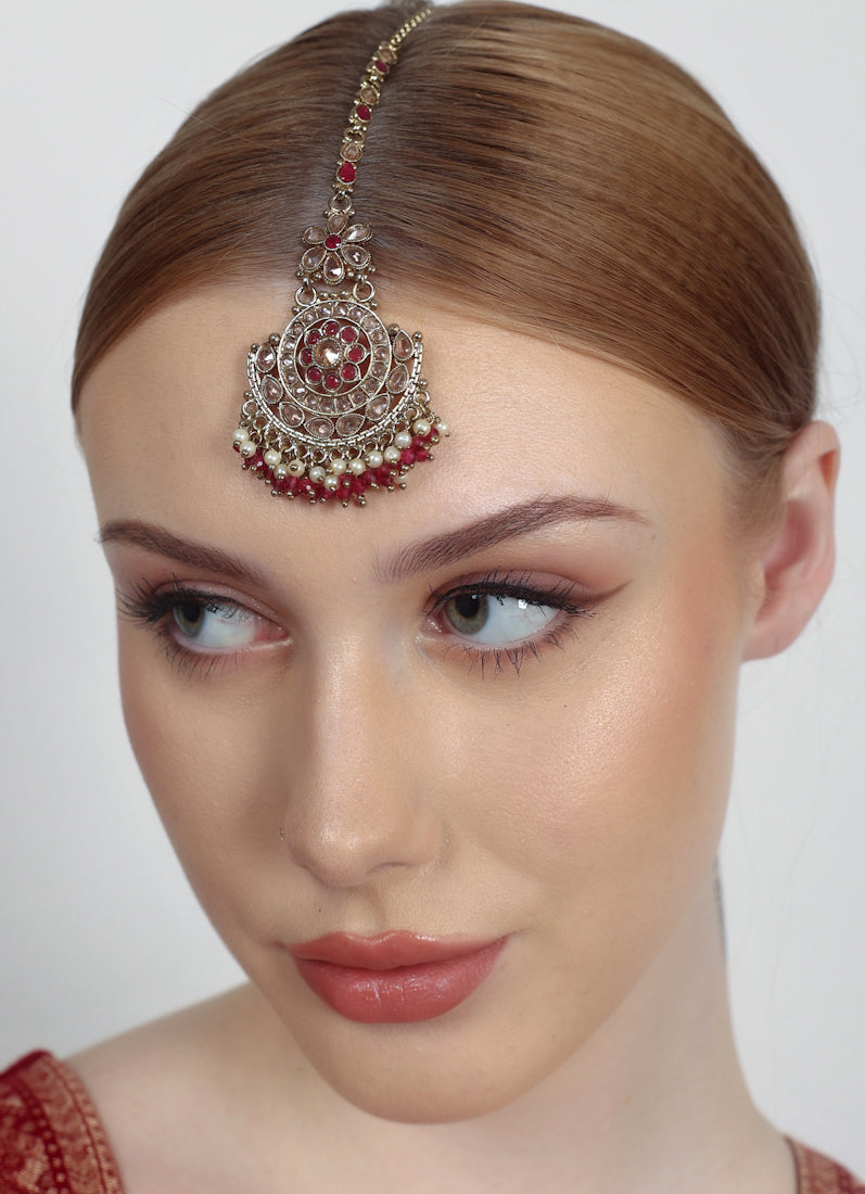 Gold Plated Bridal Tikka with Pearl, Crystal & LCT Stone Work