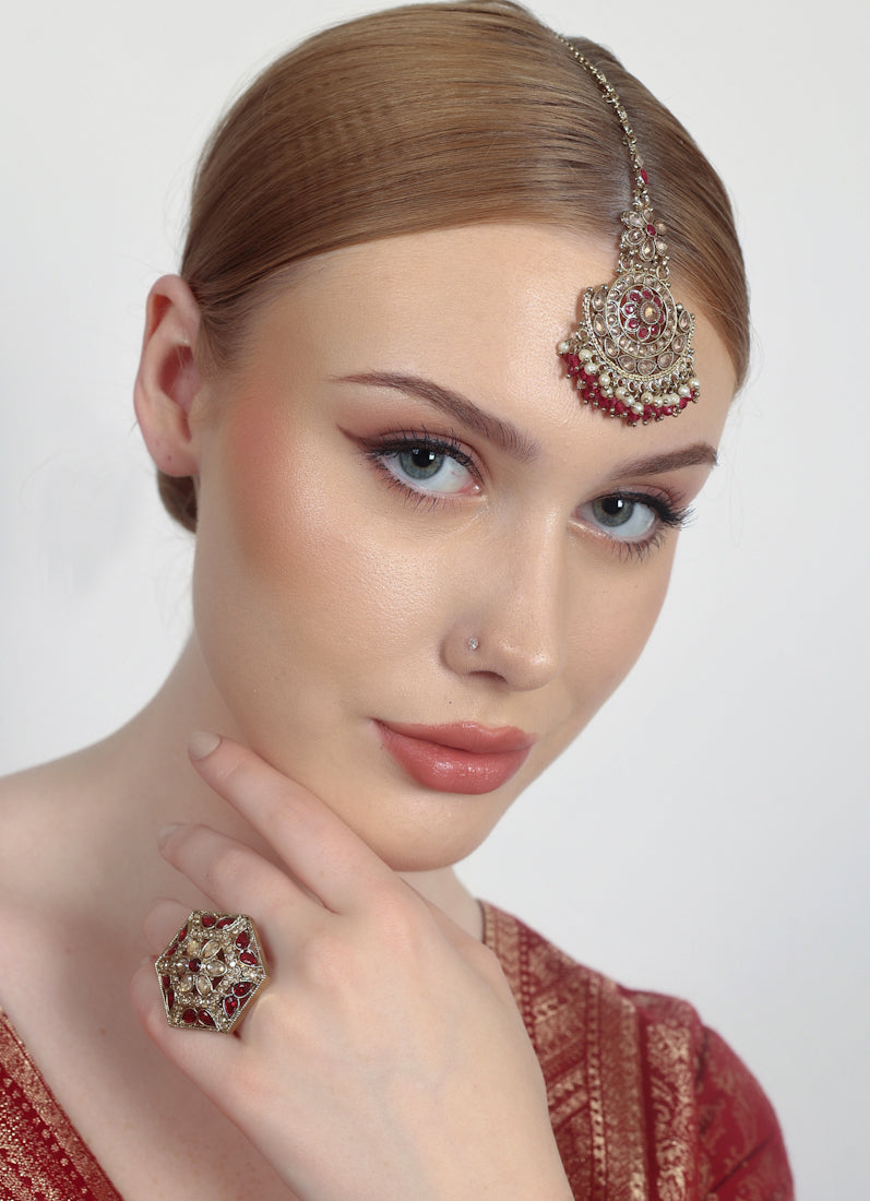 Gold Plated Bridal Tikka with Pearl, Crystal & LCT Stone Work