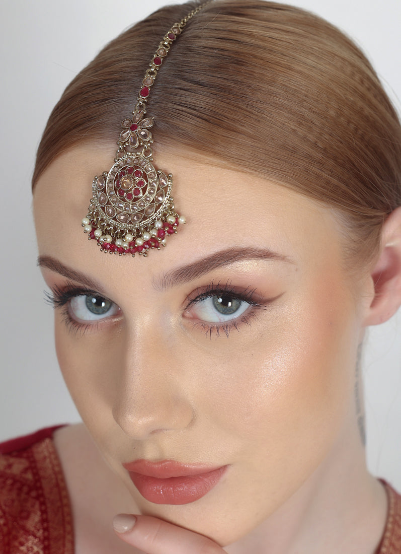 Gold Plated Bridal Tikka with Pearl, Crystal & LCT Stone Work