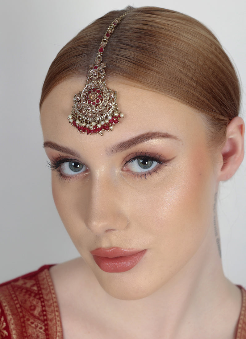Gold Plated Bridal Tikka with Pearl, Crystal & LCT Stone Work