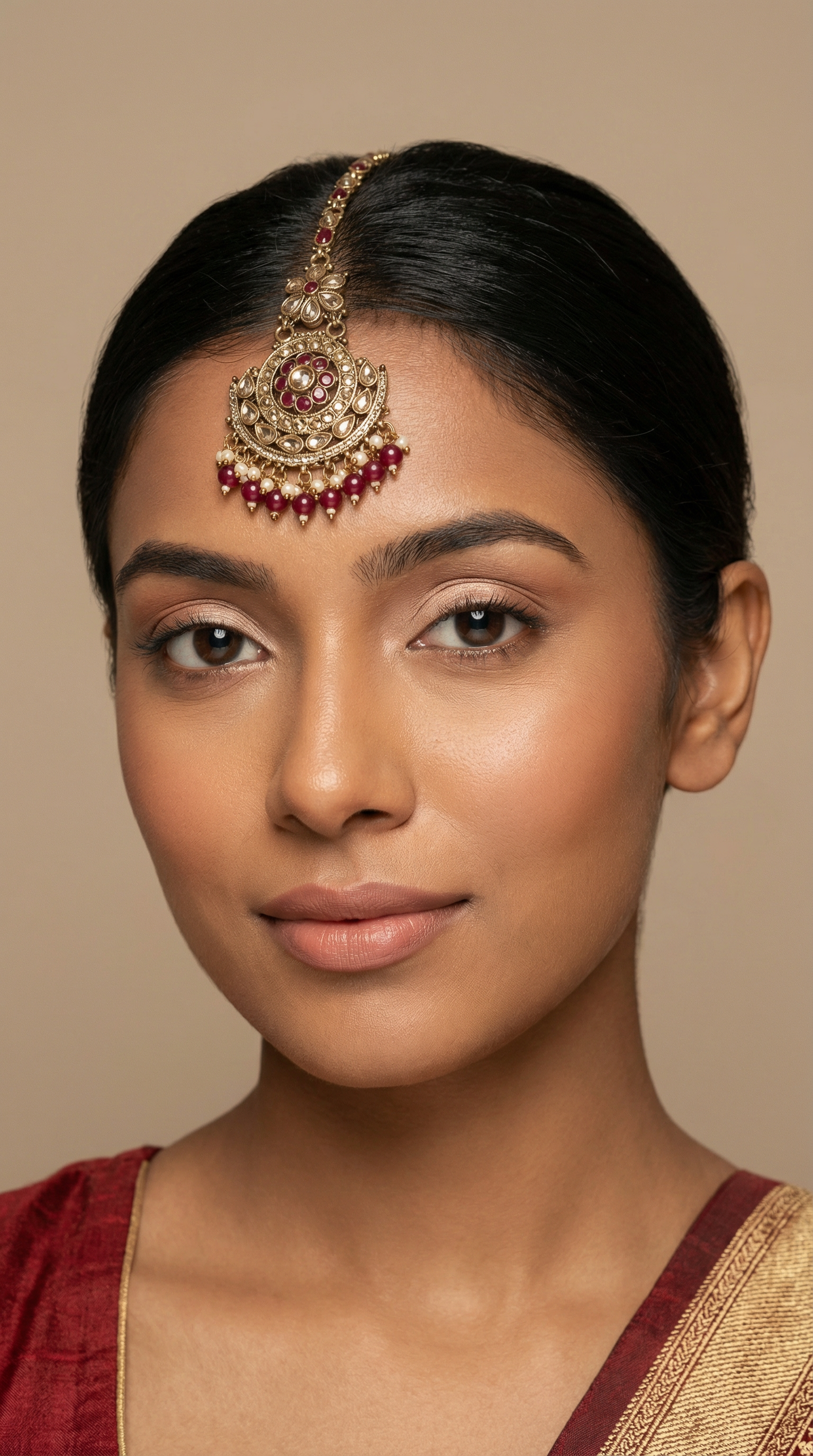 Gold Plated Bridal Tikka with Pearl, Crystal & LCT Stone Work