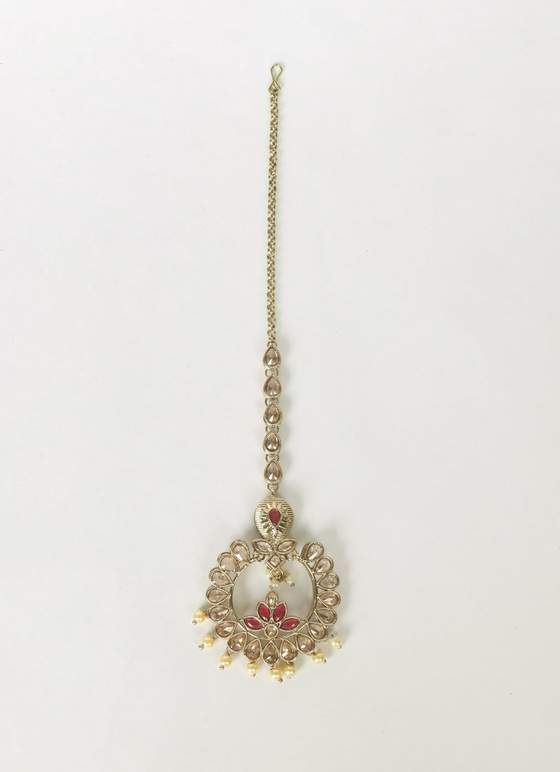 Gold Plated Reverse AD Tikka with Ruby Stones & Pearl Drop