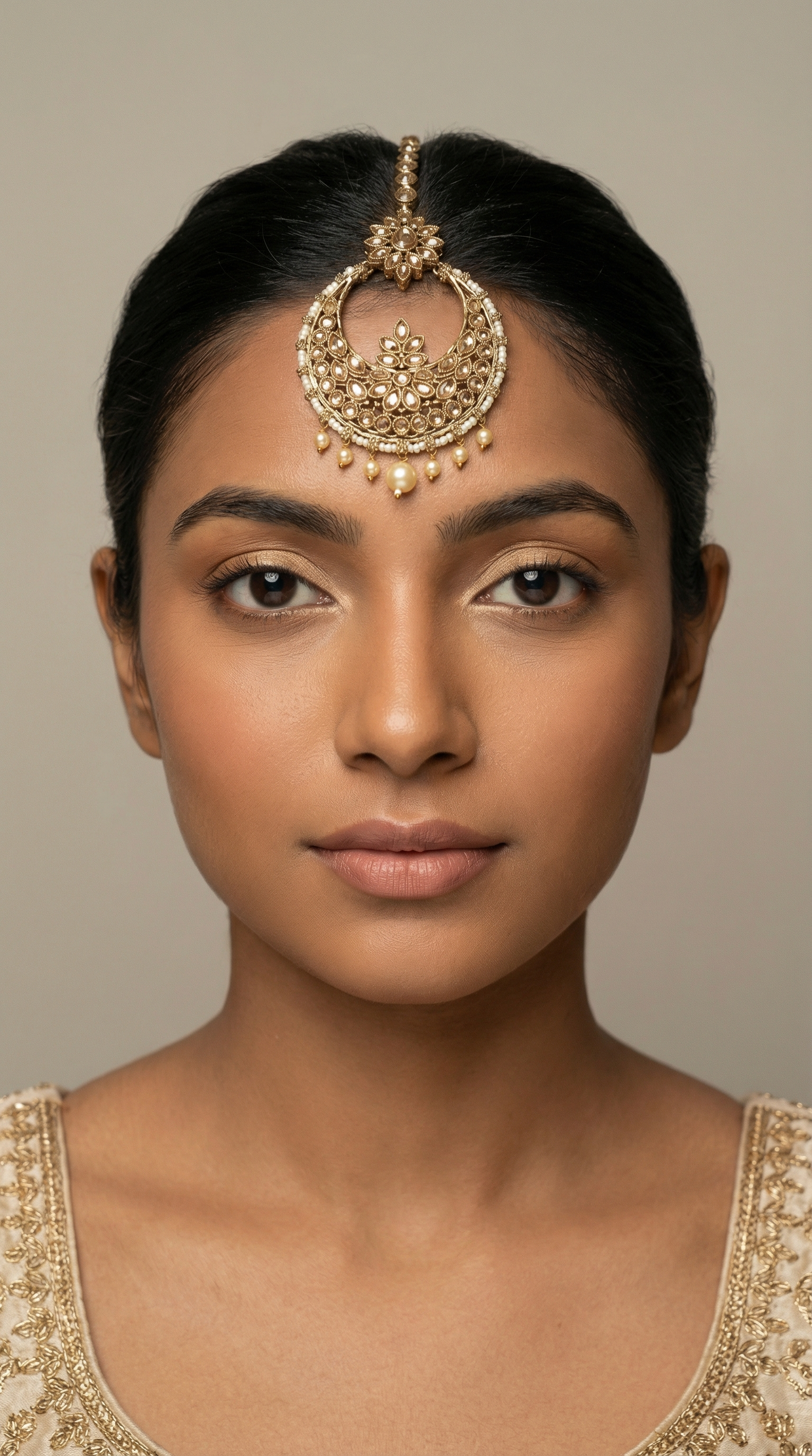 Luxury Gold Plated Bridal Tikka with Reverse AD & Pearl Work