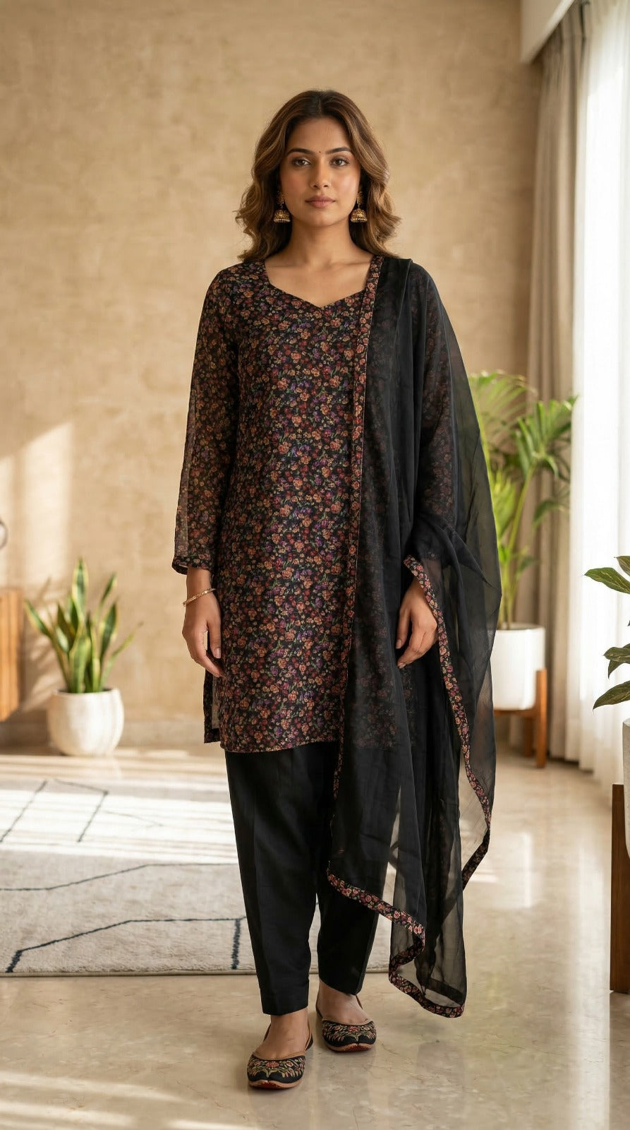 Black Georgette Sweetheart Neck Suit Set