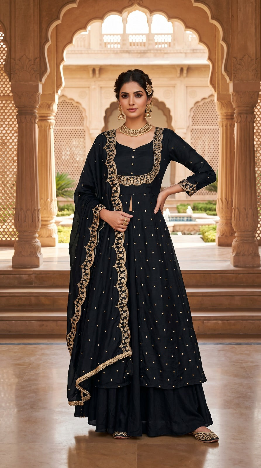 Black Vichitra Silk Bias Cut Skirt Set with Scalloped Dupatta
