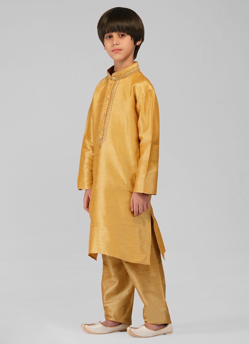 Buy Gold Resham Embroidered Dupion Silk Kurta Churidaar Set