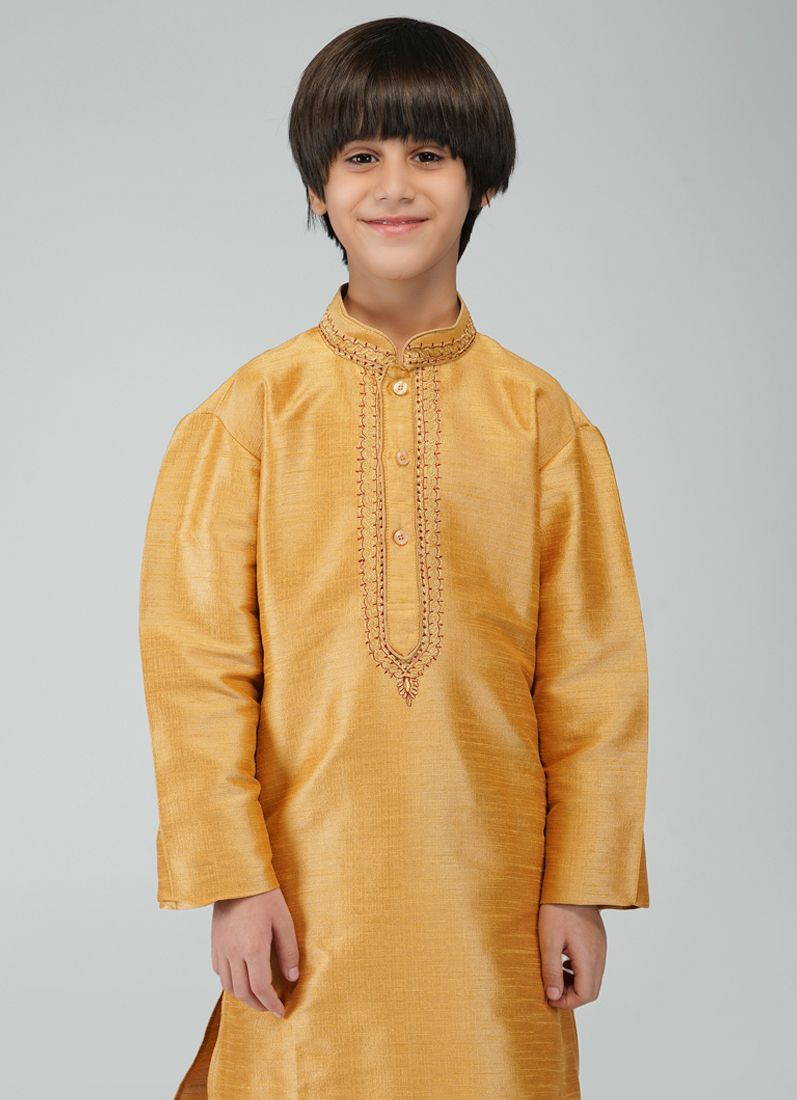 Buy Gold Resham Embroidered Dupion Silk Kurta Churidaar Set