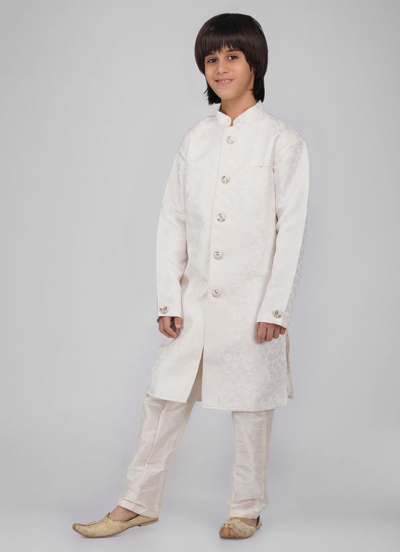 Buy Boy's Cream Poly jacquard Shervani Pajama Set