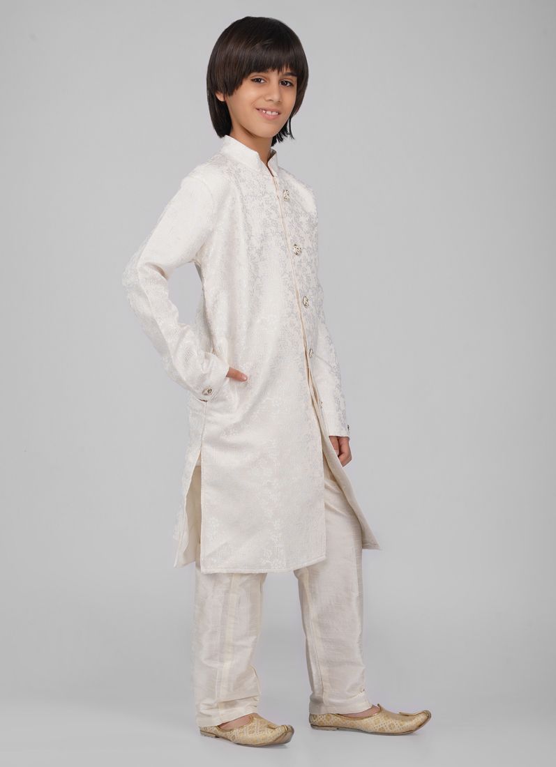 Buy Boy's Cream Poly jacquard Shervani Pajama Set