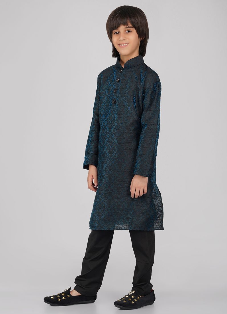 Buy Boy's Blue Poly jacquard Kurta Pajama Set