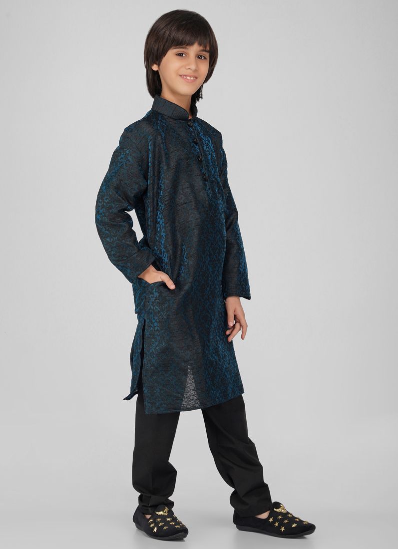 Buy Boy's Blue Poly jacquard Kurta Pajama Set