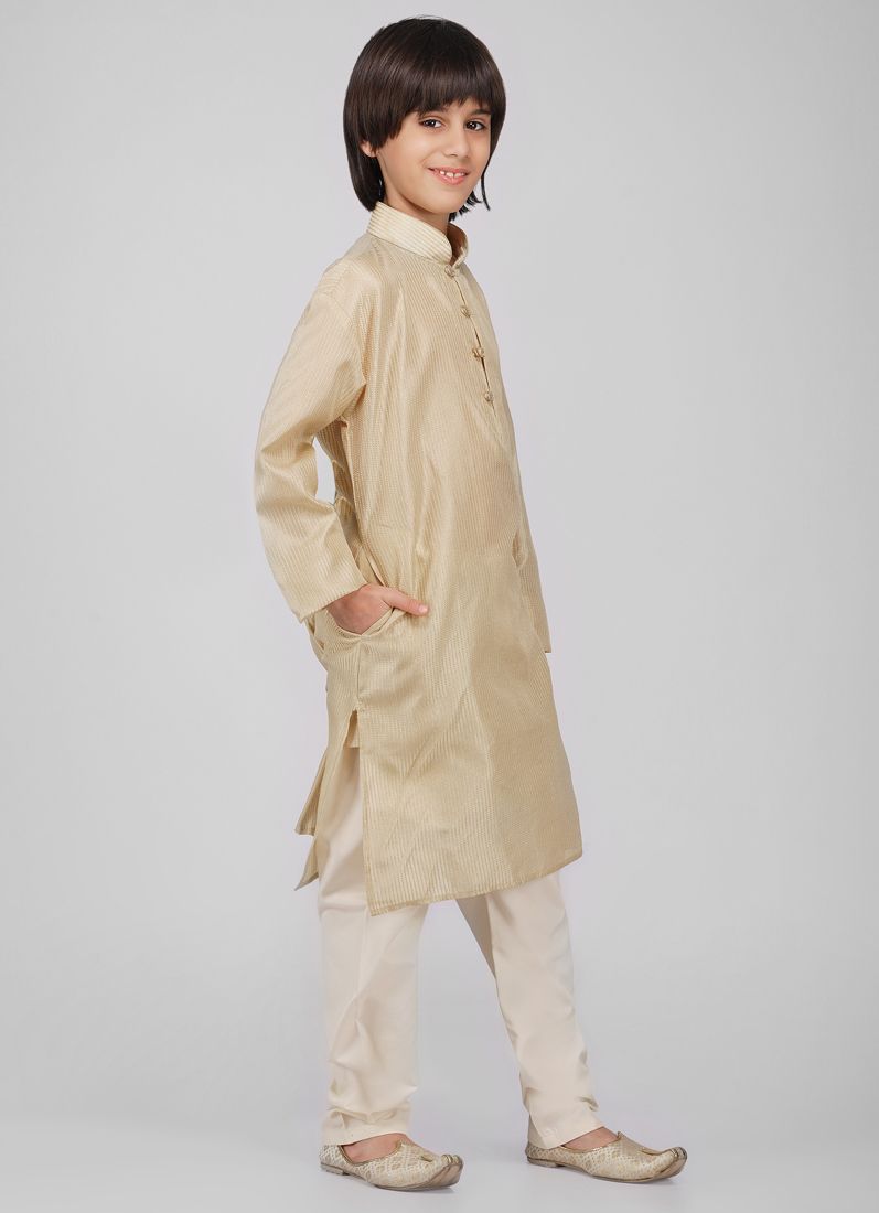 Buy Boy's Beige Poly jacquard Kurta Pajama Set