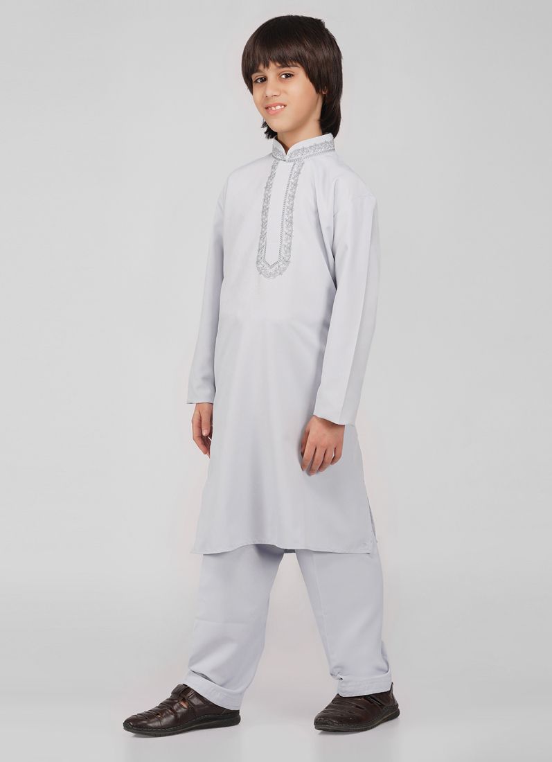 Buy Boy's Grey Poyester Resham Thread Embroidered Kurta Salwar Set