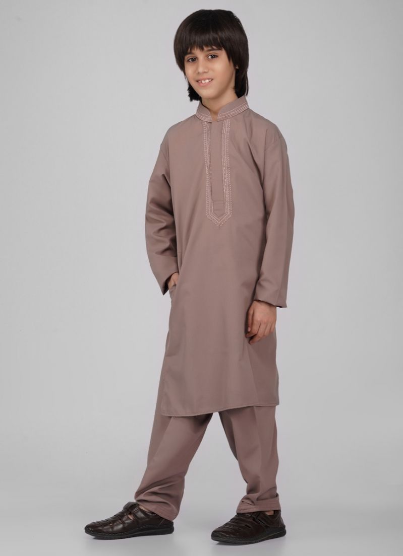 Buy Boy's Brown Poyester Resham Thread Embroidered Kurta Salwar Set