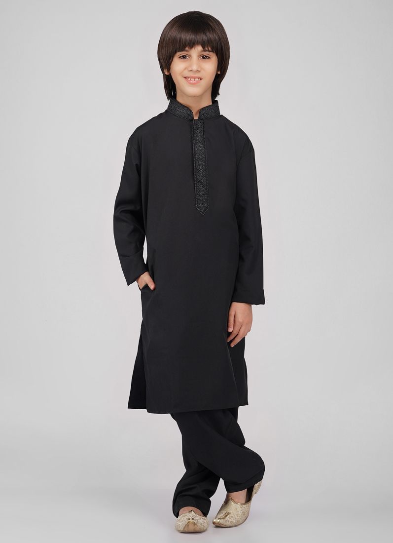 Buy Boy's Black Poyester Resham Thread Embroidered Kurta Salwar Set