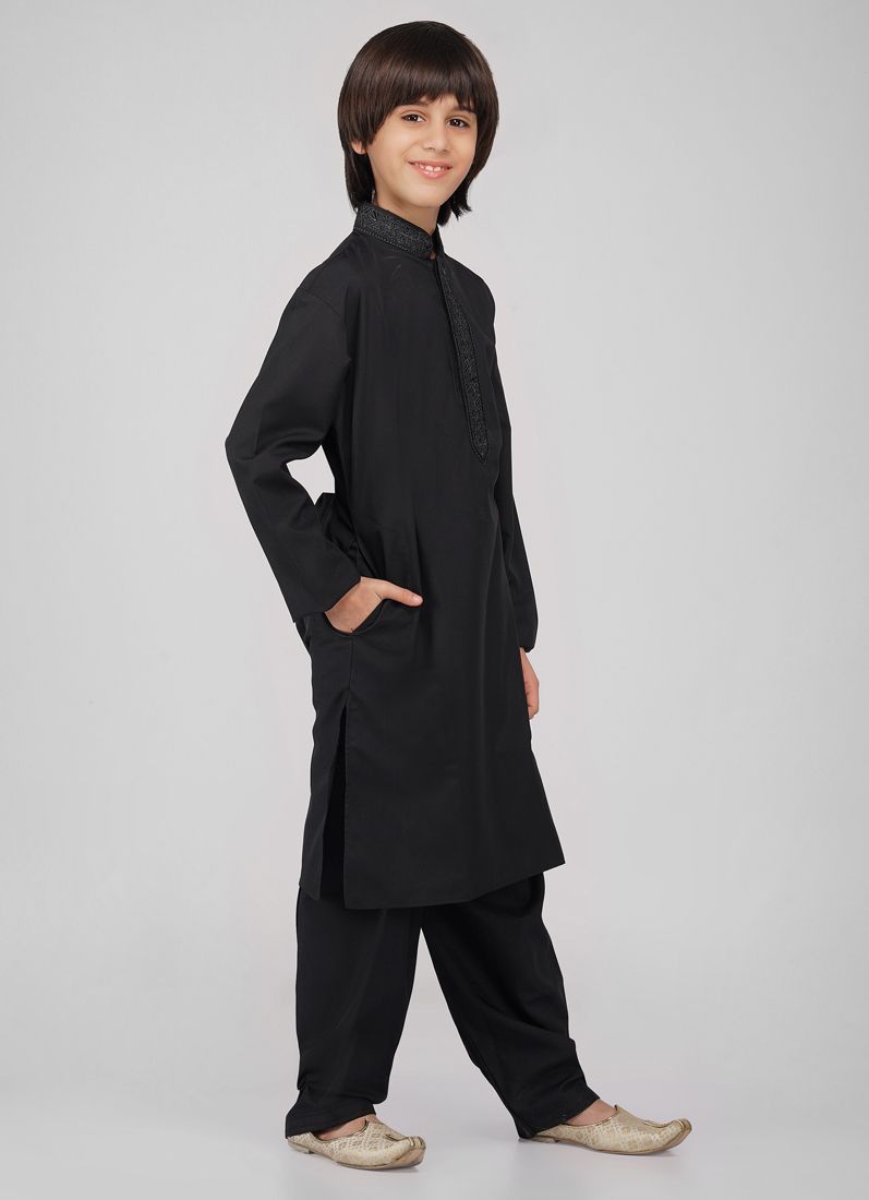 Buy Boy's Black Poyester Resham Thread Embroidered Kurta Salwar Set