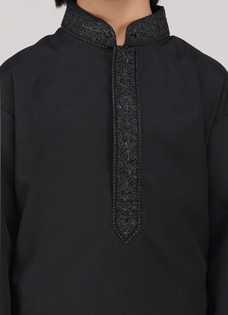 Buy Boy's Black Poyester Resham Thread Embroidered Kurta Salwar Set