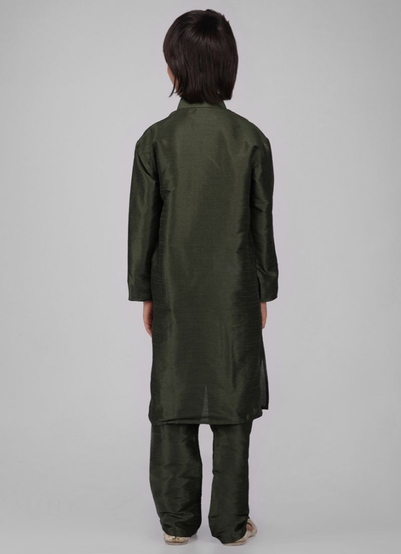 Buy Boy's Green Raw Silk Kurta Pajama Set