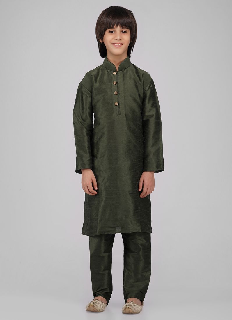 Buy Boy's Green Raw Silk Kurta Pajama Set