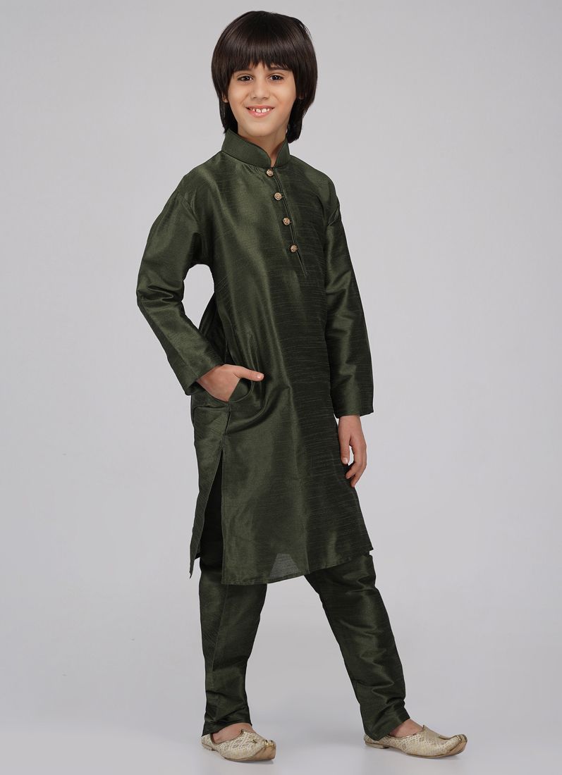 Buy Boy's Green Raw Silk Kurta Pajama Set