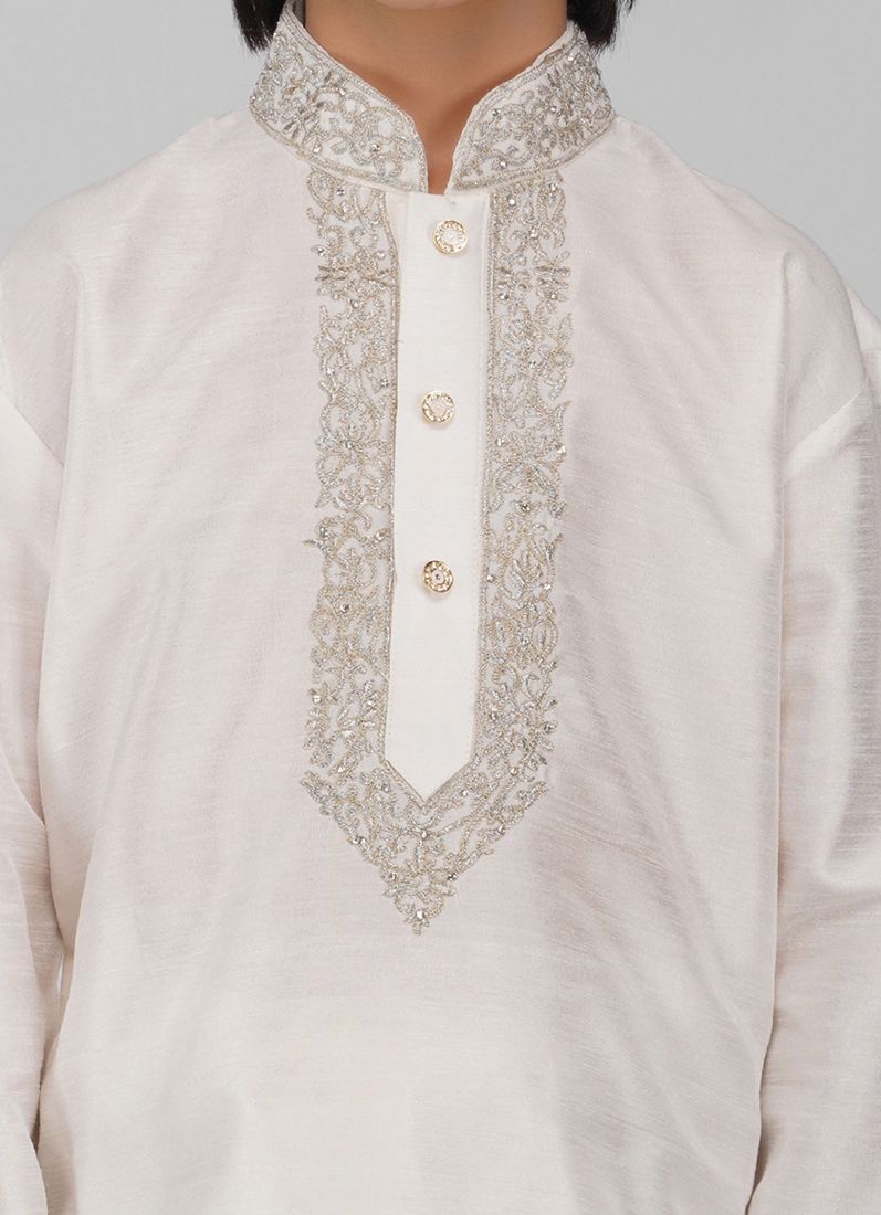 Buy Boy's Off-White Zari Embroidered Raw Silk Kurta Pajama Set
