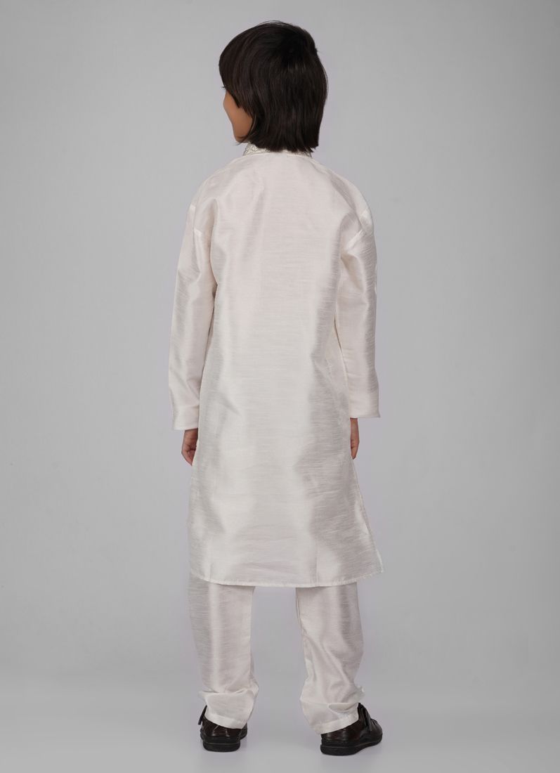 Buy Boy's Off-White Zari Embroidered Raw Silk Kurta Pajama Set