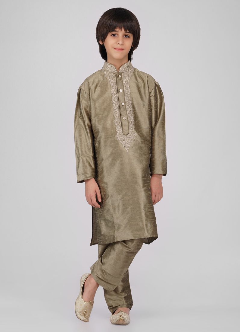 Buy Boy's Gold Zari Embroidered Raw Silk Kurta Pajama Set