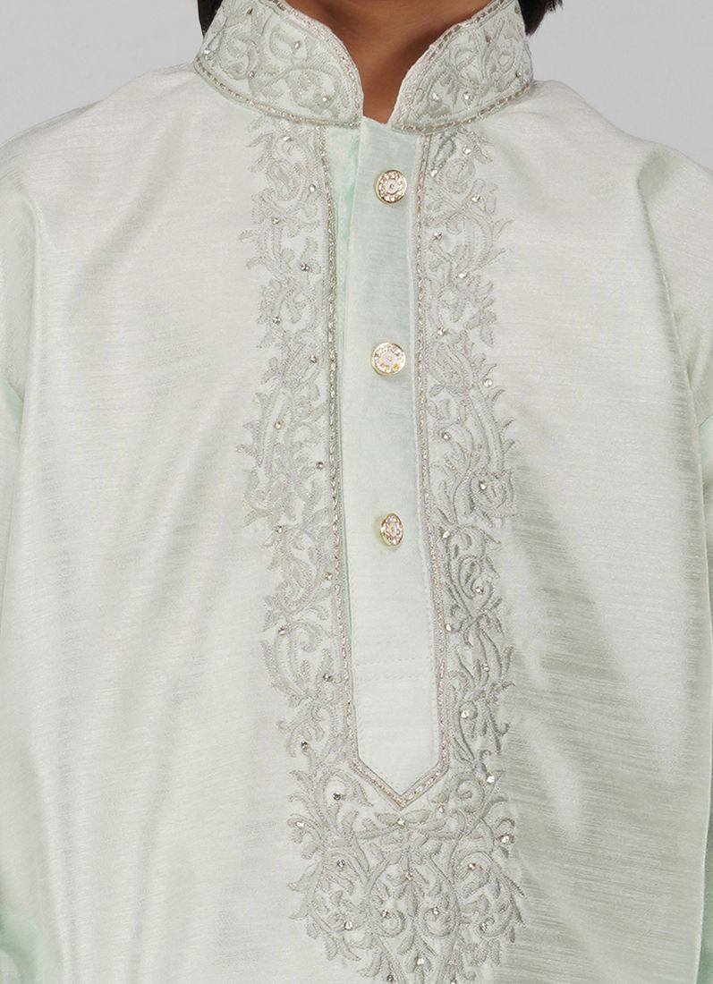 Buy Boy's Mint Green Zari Embroidered Raw Silk Kurta Pajama Set
