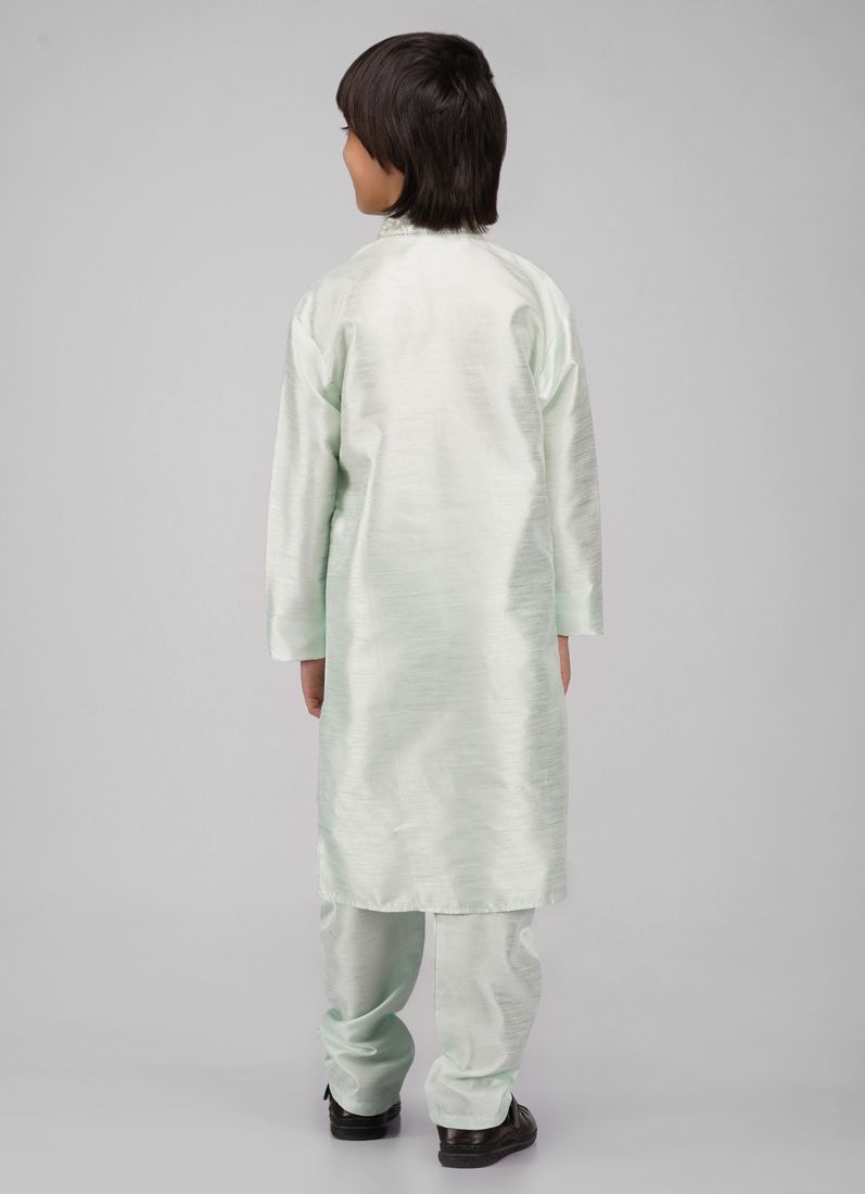 Buy Boy's Mint Green Zari Embroidered Raw Silk Kurta Pajama Set